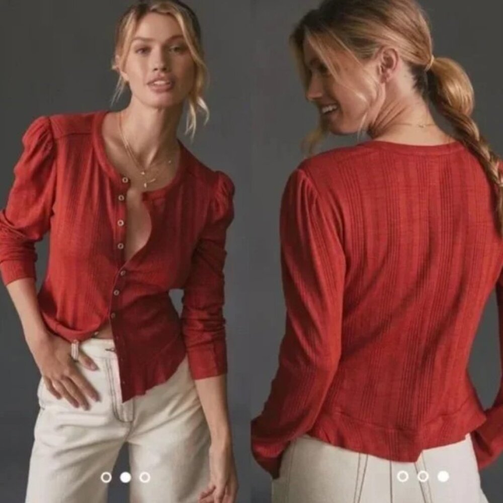 Anthro Pilcro Button Down Cardigan Top Womens M Puff Sleeves Boho Feminine Chic